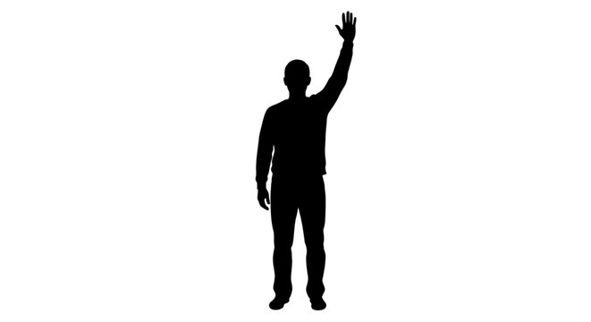 Man standing with one arm raised.