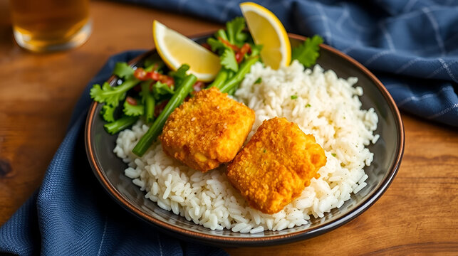 haddock nuggets served with  rice