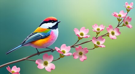 Obraz premium Colorful Songbird Perched on a Blooming Branch Amidst Soft Spring Hues
