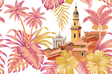 Italian resort town, pink palm, yellow hibiscus flower, tropical leaves seamless pattern. Summer Mediterranean coast print. © good_mood