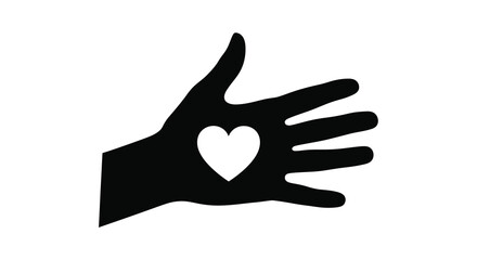 Obraz premium A stark black silhouette depicts an open hand gently cradling a white heart shape within its palm high quality
