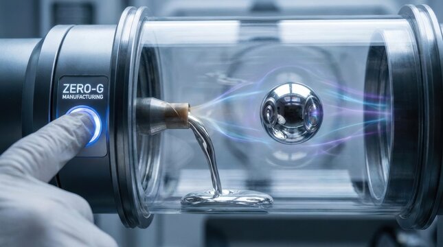 Scientist pressing zero gravity chamber button in high-tech laboratory futuristic experiment