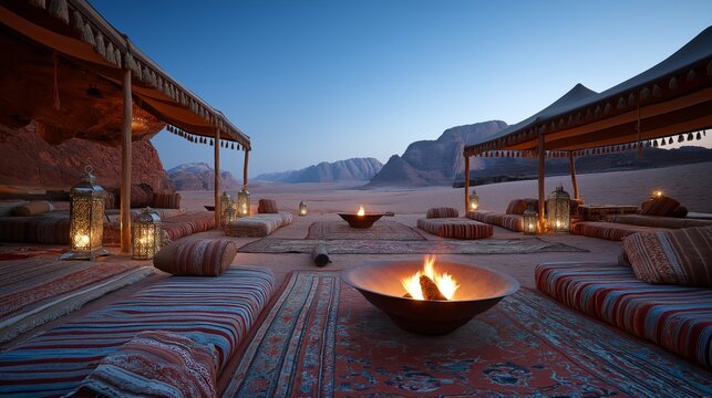 High end stock image of a traditional Bedouin tent camp at twilight, patterned carpets, low cushions, glowing fire pit, desert silence, immersive hospitality concept