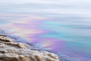 Fototapeta premium An iridescent oil slick floats on the water's surface by a rocky shore. A close-up of chemical pollution from a gasoline spill. Environmental contamination concept