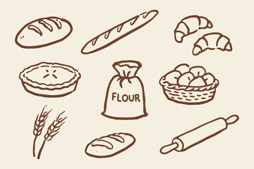 Fototapeta na wymiar Bakery elements set outline sketch vector illustration