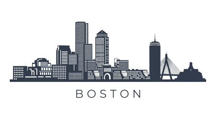 A striking black and white skyline illustration depicts the city of boston showcasing its iconic buildings and bridges © Pvect02