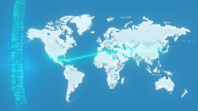 Digital connection showing global network on world map with binary code and light streak motion graphic, technology concept of communication and data transfer across continents