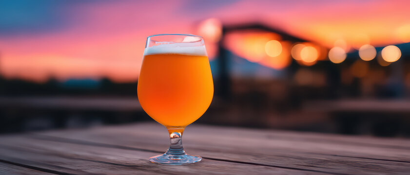 Craft beer glass filled with amber beer on wooden table outdoors during colorful sunset with blurred background lights creating warm and inviting atmosphere