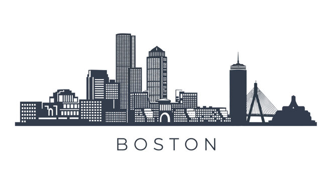 A striking black and white skyline illustration depicts the city of boston showcasing its iconic buildings and bridges