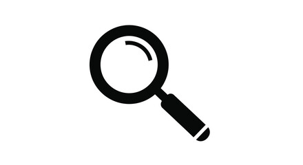 A simple black and white illustration depicts a magnifying glass tilted slightly suggesting investigation and detail high quality professional