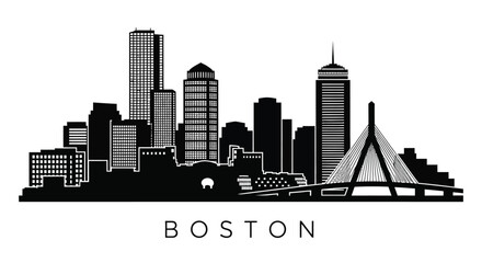 A striking black and white skyline illustration depicts the city of Boston Massachusetts showcasing its iconic buildings and landmarks © Pvect02