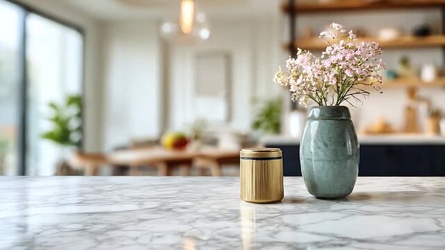 Elegant marble countertop with a vase of flowers in a blurred modern kitchen