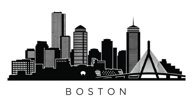 A striking black and white skyline illustration depicts the city of Boston Massachusetts showcasing its iconic buildings and landmarks