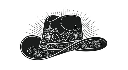 A striking black and white illustration depicts a decorated cowboy hat with radiating lines showcasing intricate floral patterns high quality professional © Pvect02