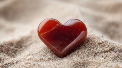 Fototapeta premium Polished dark red carnelian stone carved into a heart shape resting on fine sand