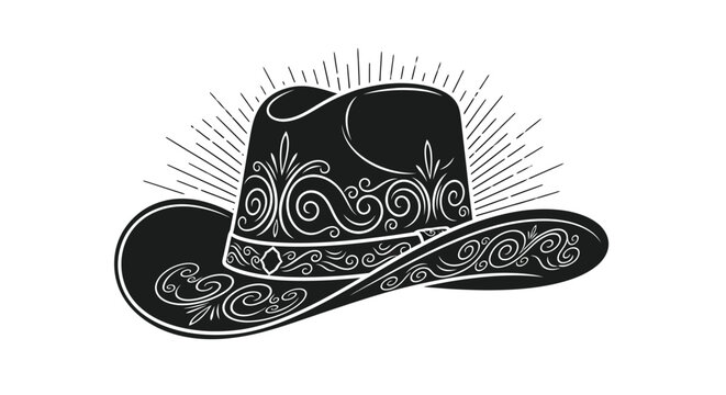 A striking black and white illustration depicts a decorated cowboy hat with radiating lines showcasing intricate floral patterns high quality professional