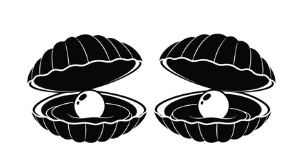A striking black and white illustration showcases two open seashells each containing a single luminous pearl within high quality professional detailed © Pvect02