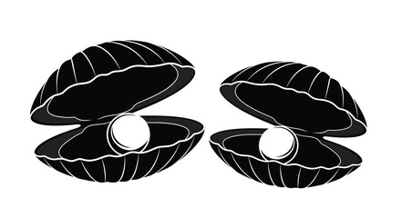 A graphic illustration depicts two open seashells each containing a single luminous pearl within its cavity high quality professional © Pvect02