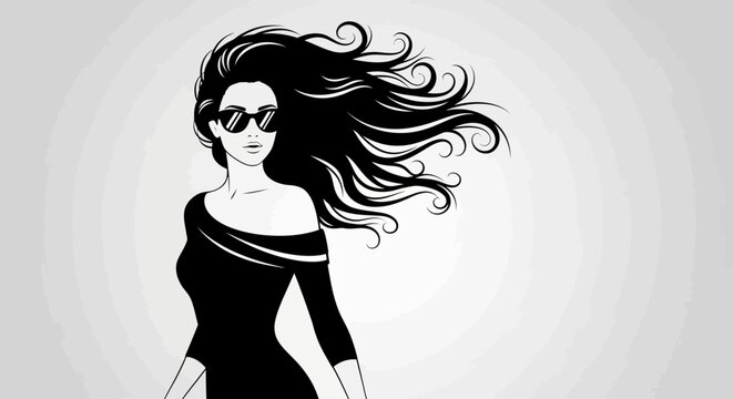 Glamorous woman in sunglasses with long, flowing wavy hair and an off-shoulder dress posing confidently against a gradient light gray background.