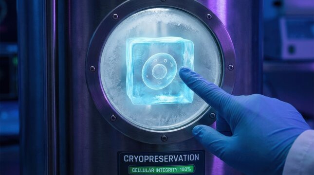 Hand pressing cryopreservation chamber button in futuristic lab with blue lighting
