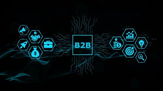 B2 b business to business digital marketing and symbols on dark background with neon blue representing finance, technology, and communication