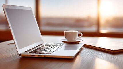 Fototapeta premium Digital Oasis: A laptop rests gracefully on a wooden table, alongside a warm cup of coffee and a notebook, bathed in the soft, inviting glow of the sun.