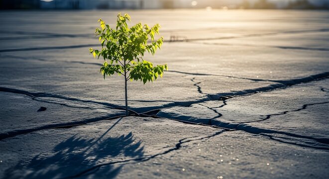 Young green sapling triumphantly growing upward through deep cracks in dry asphalt pavement against a bright sunlit background symbolizing rebirth and perseverance