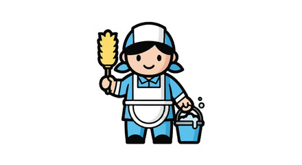 Fototapeta premium Cartoon maid character holding duster and bucket vector illustration