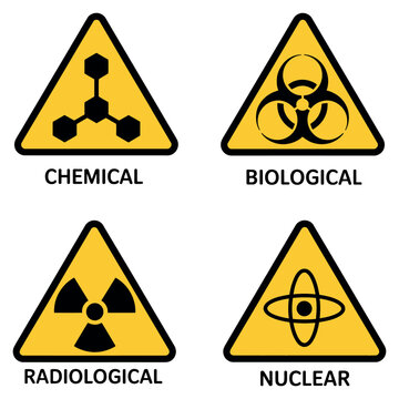CBRN icons flat vector chemical biological radiological nuclear warning signs military defense symbols yellow triangular pictograms clean design