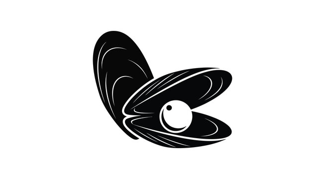 A striking black and white illustration depicts an open seashell revealing a luminous perfectly round pearl within high quality