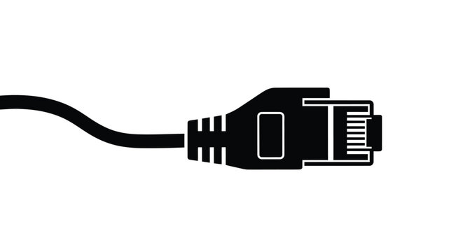 A minimalist black and white illustration depicts an ethernet cable and rj45 connector symbolizing data transmission high quality professional