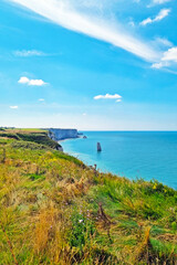 Obraz premium Scenic Coastal Landscape with Cliffs and Ocean Horizon Under Clear Blue Sky
