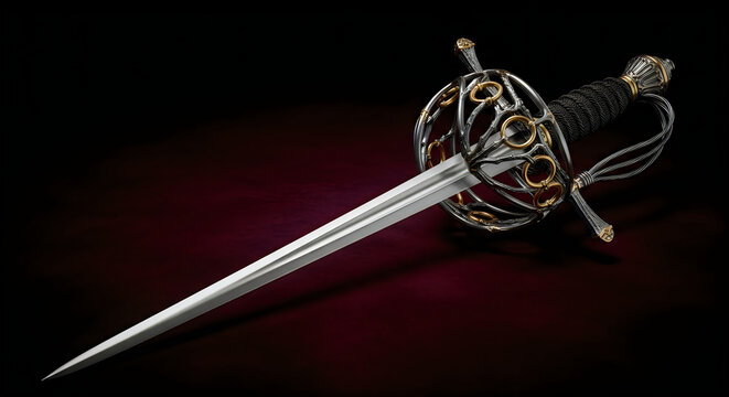 A sword with an ornate hilt and a long silver blade on a dark red background