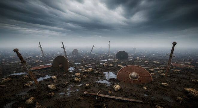Several swords and shields lie on the ground in a desolate landscape with a dark and stormy sky with a sense of abandonment and defeat