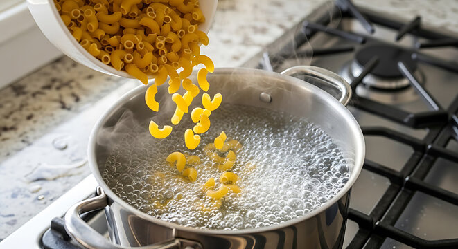 Cooking macaroni: Dry elbow pasta pouring into a pot of bubbling water on a gas stove