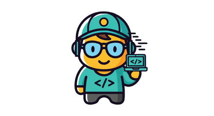 Naklejka premium Cartoon programmer character with laptop vector illustration