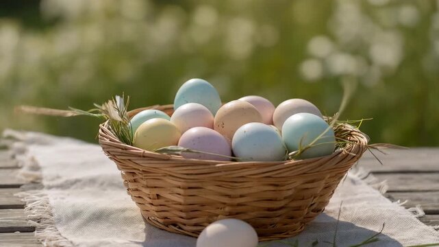 春の草原を背景にした屋外ピクニックテーブルで彩色卵を盛ったかごを柔らかい光で描く、人物なし