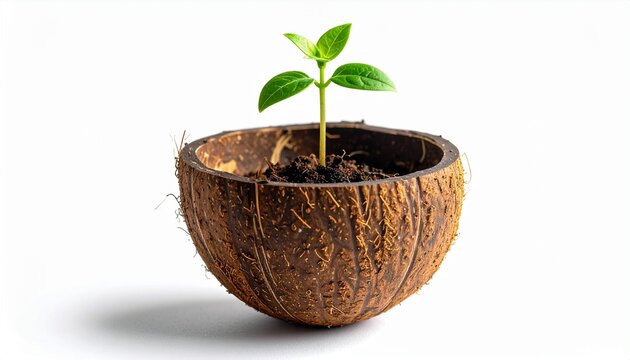Small green sprout growing in a recycled coconut shell pot, symbolizing environmental sustainability, new beginnings, and the power of eco-friendly gardening.