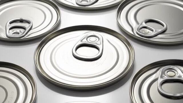 Close-Up of Multiple Metal Food Cans With Pull Tabs on a White Background