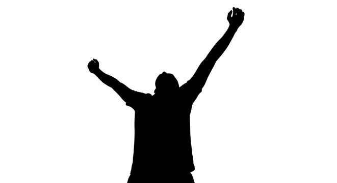 Man in triumphant raised arm pose.