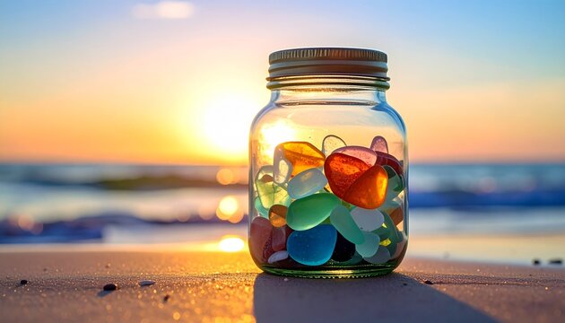 Transparent glass jar filled with colorful sea glass in soft pastel colors, symbolizing coastal memories and representing a sustainable beachcombing lifestyle.