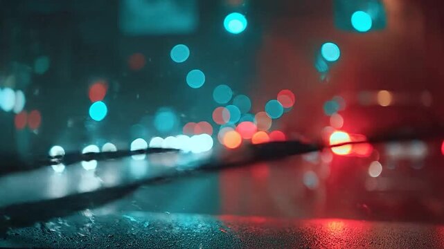 Blurred city lights at night seen through a wet car windshield during rain