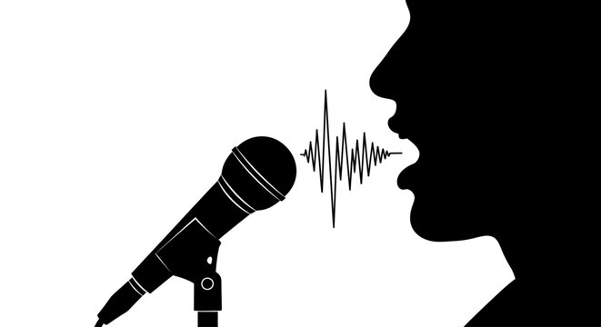 Black silhouette of person speaking microphone.