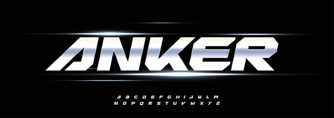 Fototapeta na wymiar Modern Racing Logo Font, Shiny Steel Metal Texture, Speed Lines Effect Black Background. Bold Sport Alphabet For Car Race, Motorsport, Game Poster Typographic Design. Industrial Fonts. Vector typeset