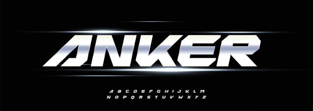 Modern Racing Logo Font, Shiny Steel Metal Texture, Speed Lines Effect Black Background. Bold Sport Alphabet For Car Race, Motorsport, Game Poster Typographic Design. Industrial Fonts. Vector typeset