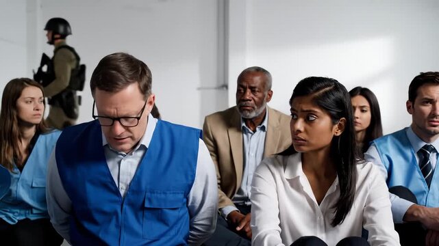 Diverse Group of People Sitting in a Room, Looking Anxious, With a Guard in the Background