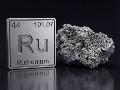 A matte Ruthenium periodic table tle stands next to a porous, textured Ruthenium metal specimen. The objects are shown on a dark reflective surface against a black background.