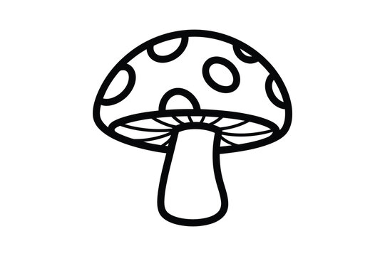 A simple black and white illustration of a mushroom with spots on its cap, isolated on a plain background, depicting a basic fungal design element.