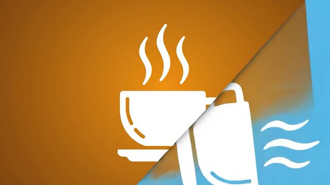 Animated graphic icon of a steaming coffee cup with a dynamic background.