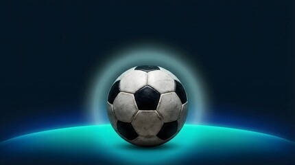 Naklejka premium Soccer ball with luminous neon halo on yellow gradient background. Modern football energy concept for sports posters and promotional banners.
